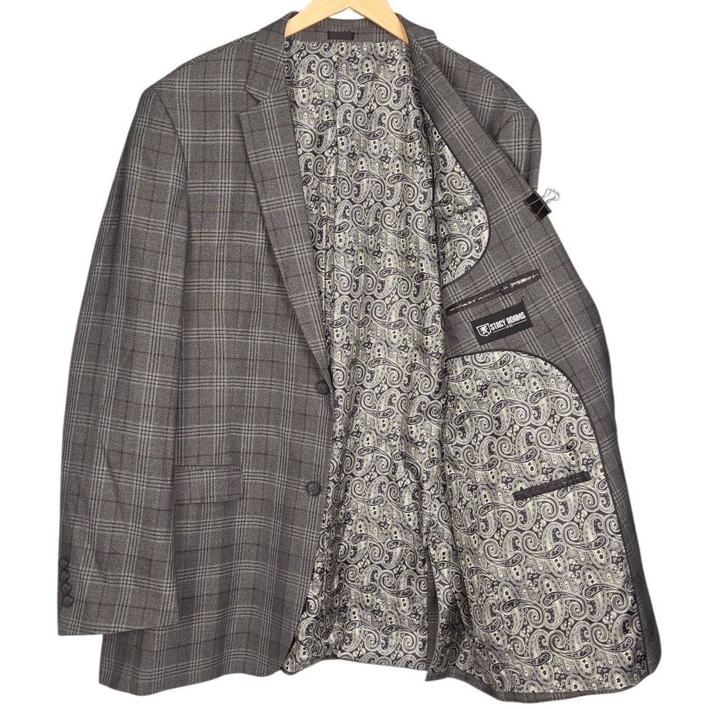 Stacy Adams Blazer Men 46L Gray GLEN PLAID Sport Coat Plaid Paisley Lined Single
